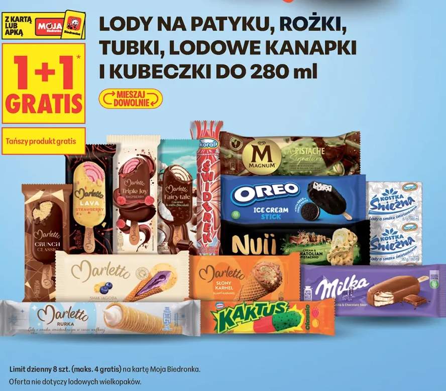 Lody na patyku, rożki, tubki, lodowe kanapki i kubeczki do 280ml