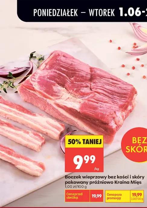 Boczek wieprzowy bez kości i skóry pakowany próżniowo Kraina Mięs