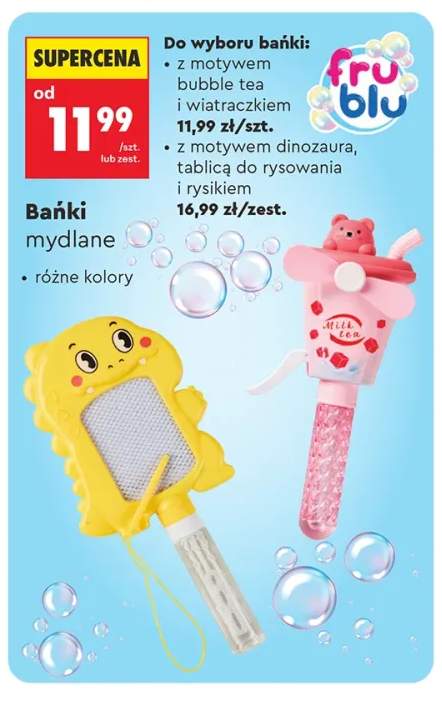 Bańki mydlane Fru Blu z motywem dinozaura tablicą do rysowania i rysikiem