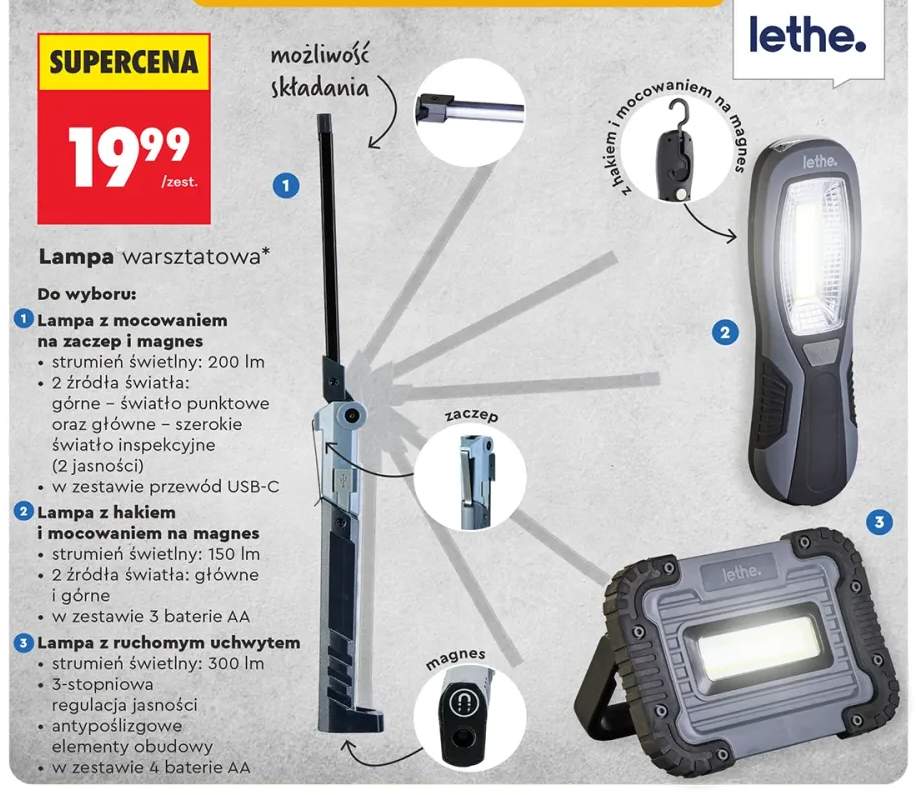 Lampa warsztatowa z mocowaniem na zaczep i magnes Lethe. +2 warianty