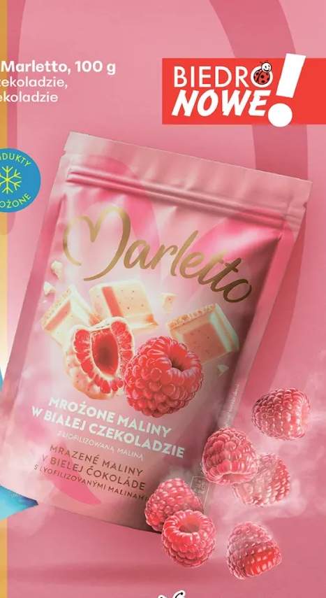 Mrożone maliny w białej czekoladzie z liofilizowaną maliną Marletto
