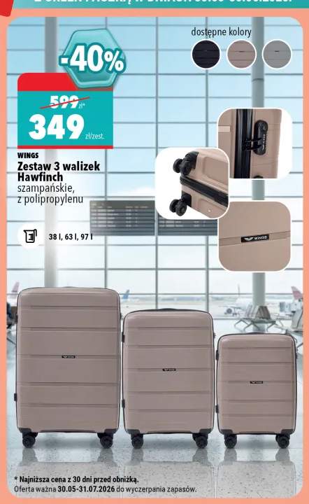 Zestaw 3 walizek Wings Hawfinch szampańskie z polipropylenu
