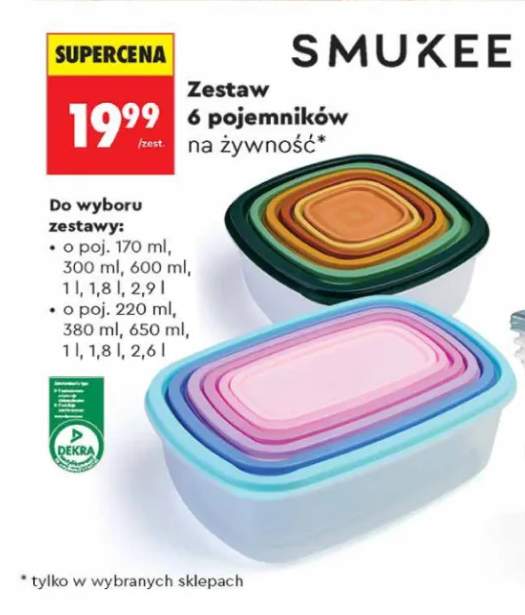 Zestaw 6 pojemników na żywność Smukee 170 ml 300 ml 600 ml 1 l 1,8 l 2,9 l +1 wariant