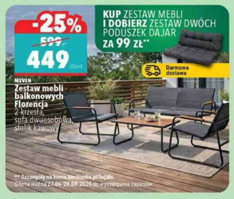 Zestaw mebli balkonowych Meven Florencja 2 krzesła, sofa dwuosobowa, stolik kawowy