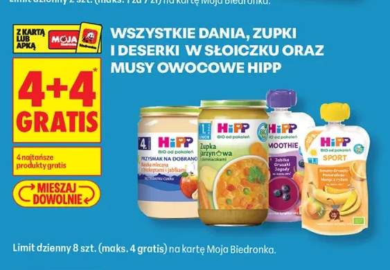 Dania, zupki i deserki w słoiczku oraz musy owocowe HiPP +4 warianty