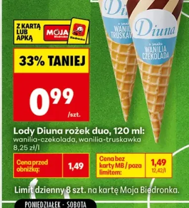 Lody rożek duo Diuna wanilia-truskawka +1 wariant