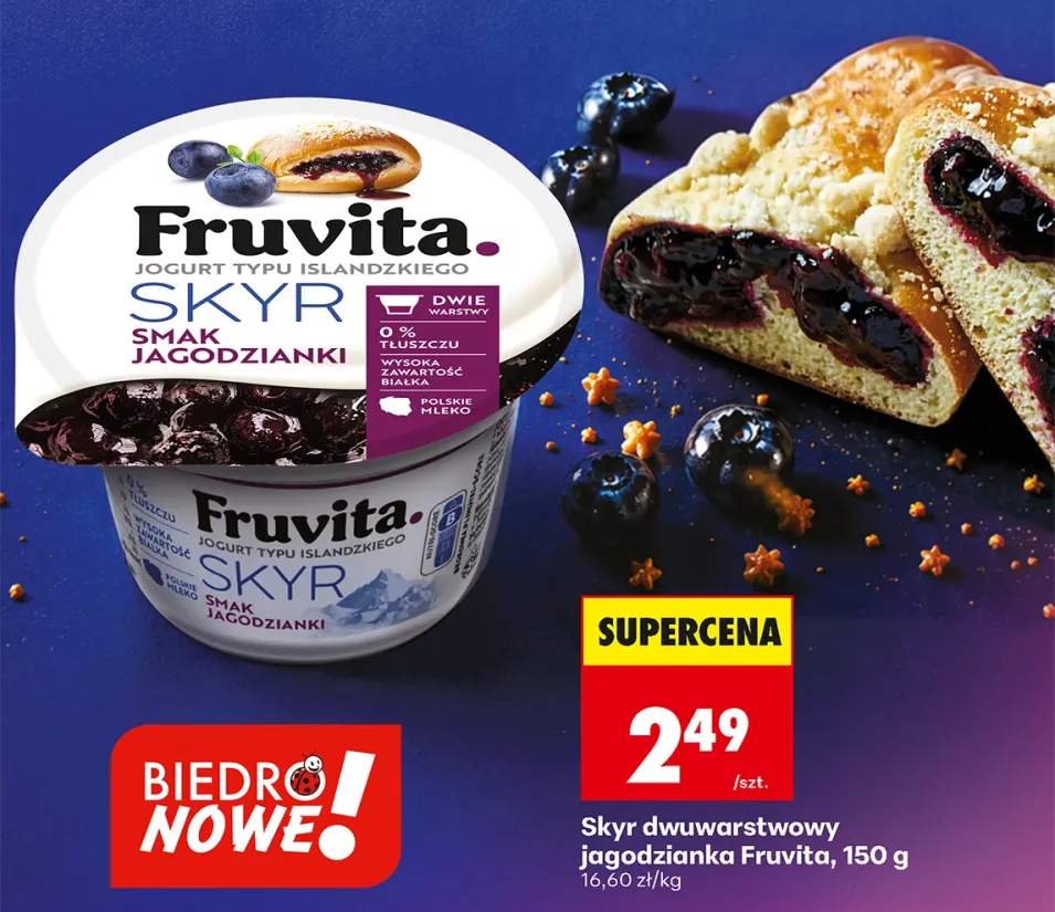 Jogurt typu islandzkiego Skyr dwuwarstwowy Fruvita smak jagodzianki