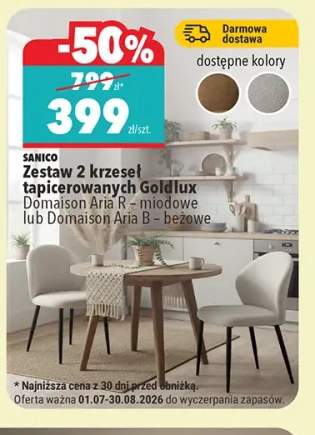 Zestaw 2 krzeseł tapicerowanych Goldlux Domaison Aria R miodowe +1 wariant
