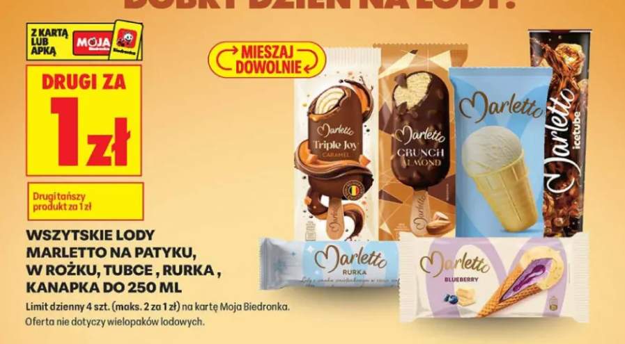 Lody Marletto na patyku, w rożku, tubce, rurka, kanapka do 250 ml +3 warianty