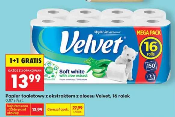 Papier toaletowy z ekstraktem z aloesu Velvet Soft White