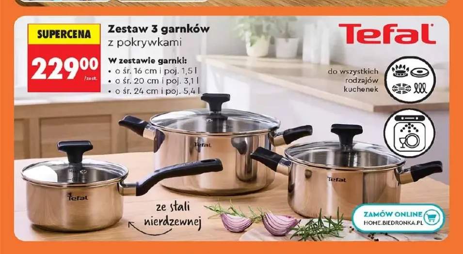Zestaw 3 garnków z pokrywkami Tefal