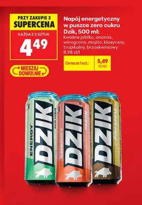 Napój energetyczny zero cukru Dzik winogrono +6 wariantów