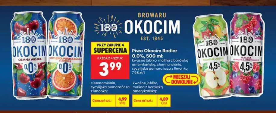 Piwo bezalkoholowe Okocim Radler ciemna wiśnia +3 warianty
