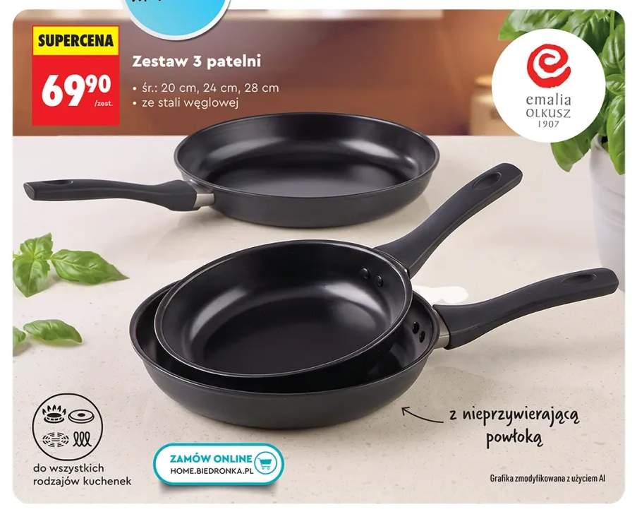 Zestaw 3 patelni ze stali węglowej Emalia Olkusz