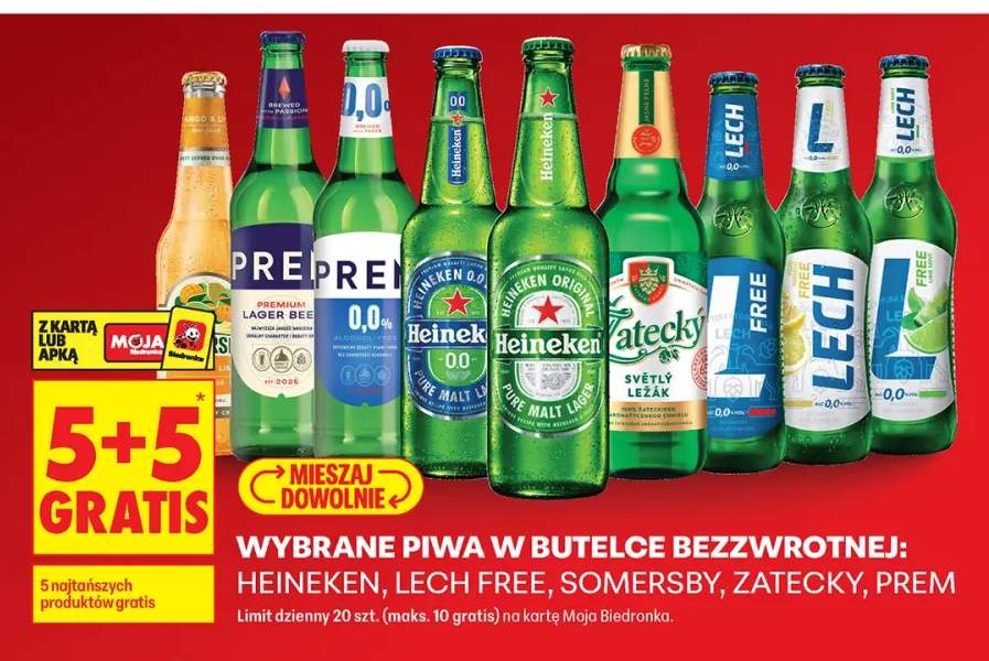 Piwa w butelce bezzwrotnej: Heineken, Lech Free, Somersby, Zatecky, Prem +9 wariantów