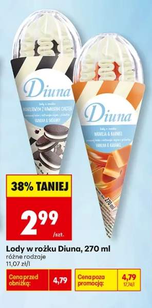 Lody w rożku Diuna o smaku waniliowym z kawałkami ciastek +1 wariant