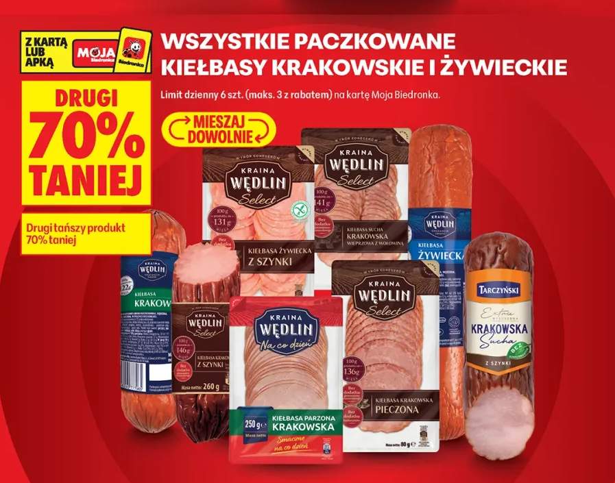 Paczkowane kiełbasy krakowskie i żywieckie +8 wariantów