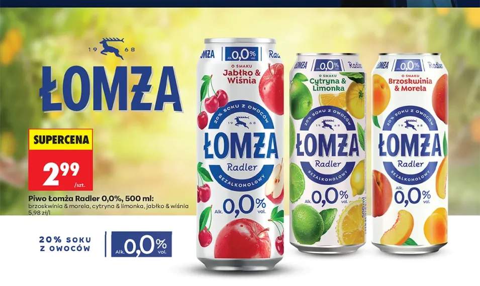 Piwo bezalkoholowe Łomża Radler brzoskwinia & morela +2 warianty