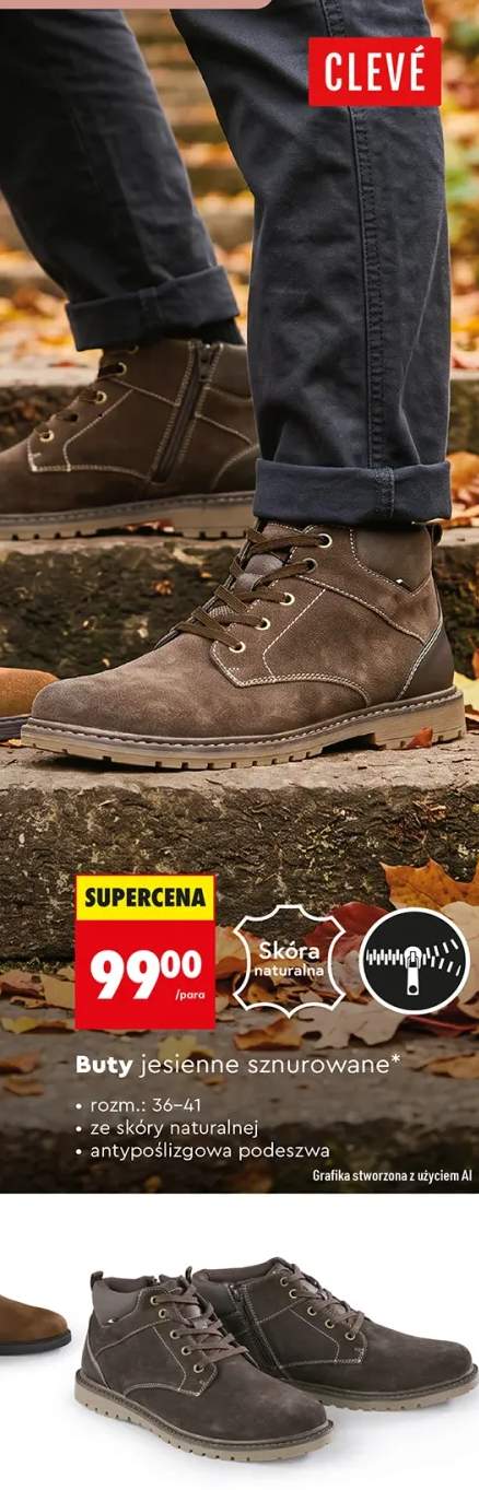 Buty jesienne sznurowane ze skóry naturalnej Clevé