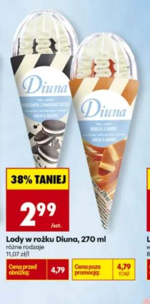 Lody w rożku Diuna o smaku waniliowym z kawałkami ciastek