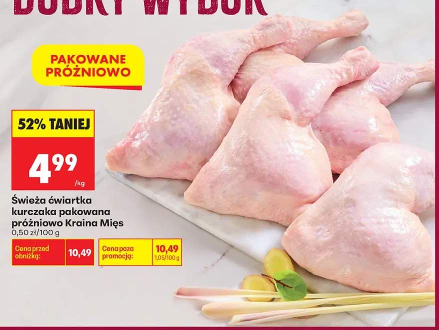Świeża ćwiartka kurczaka pakowana próżniowo Kraina Mięs