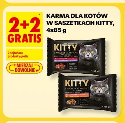 Karma dla kotów w saszetkach kawałki szarpane w sosie z wołowiną i jagnięciną Kitty 4-pak +1 wariant