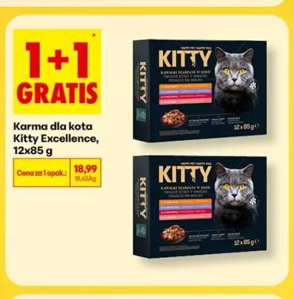 Karma dla kota Kitty Excellence kawałki szarpane w sosie z łososiem pstrągiem wołowiną i kurczakiem 12-pak +1 wariant