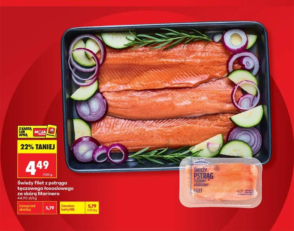 Świeży filet z pstrąga tęczowego łososiowego ze skórą Marinero