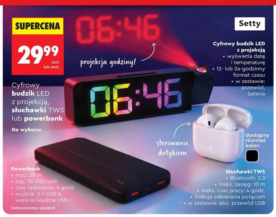 Cyfrowy budzik LED z projekcją Setty +2 warianty