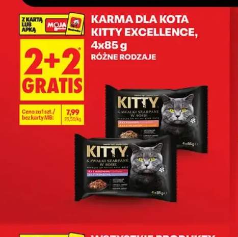 Karma dla kota Kitty Excellence kawałki szarpane w sosie z łososiem i z kurczakiem 4-pak
