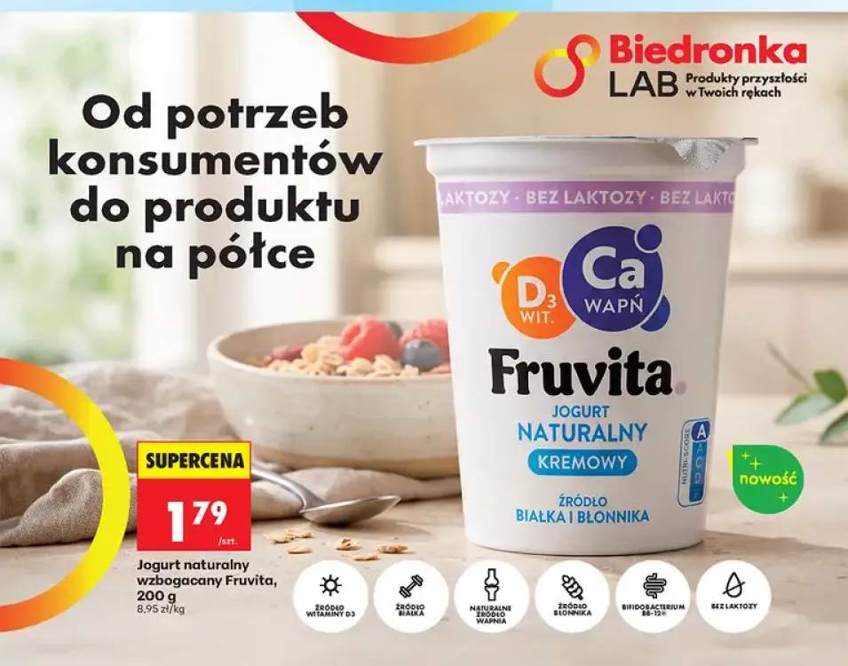 Jogurt naturalny kremowy bez laktozy wzbogacany Fruvita