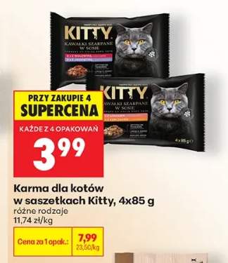 Karma dla kotów w saszetkach kawałki szarpane w sosie z wołowiną i z jagnięciną Kitty 4-pak +1 wariant